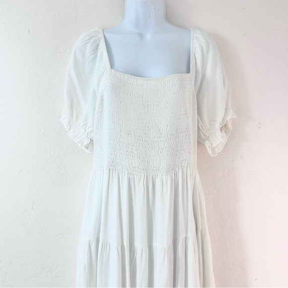 ANRABESS White Tiered Smocked Bodice Peasant Maxi Dress Size L Puff Sleeve Boho - Picture 5 of 14